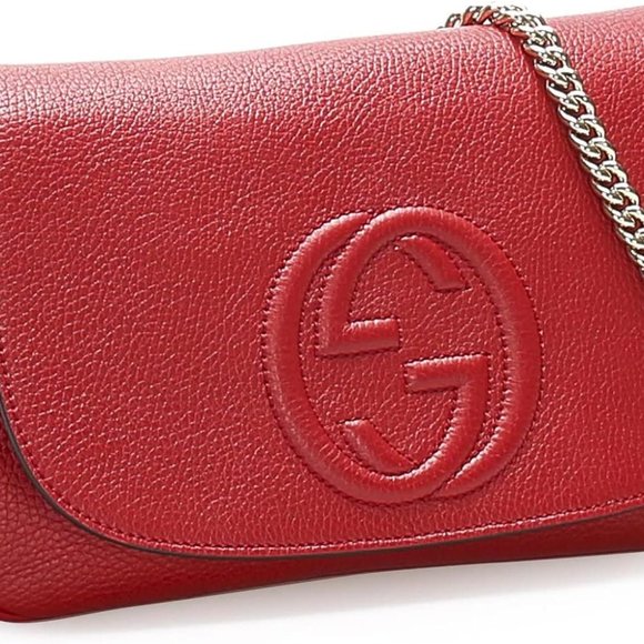 New Gucci Soho Interlocking GG Red Leather Chain Flap Shoulder Bag Handbag Italy - Picture 1 of 4